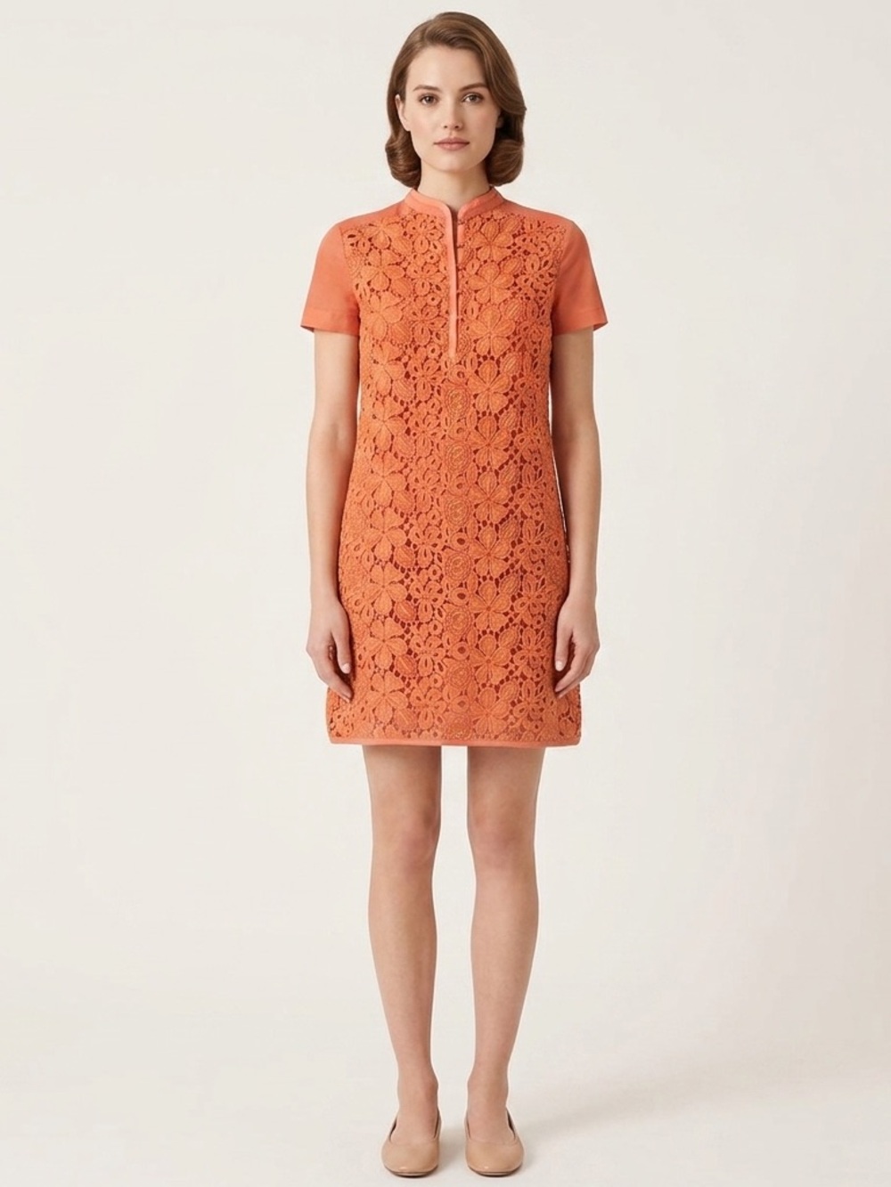 Alberta Ferretti Lace Shift Dress Cotton Blend Coral Apricot Made Italy Size 40